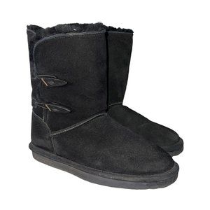BearPaw Abigail Black Leather Suede Sheepskin Toggle Mid-Calf Boots Women's 8